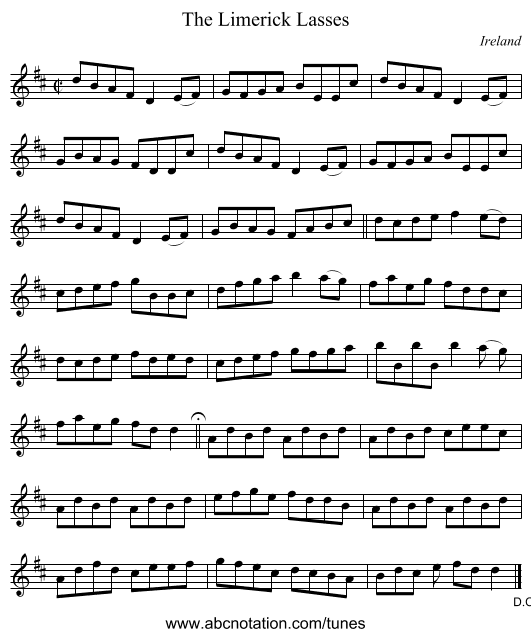 The Limerick Lasses - staff notation