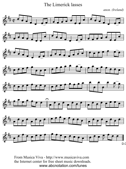 The Limerick lasses - staff notation