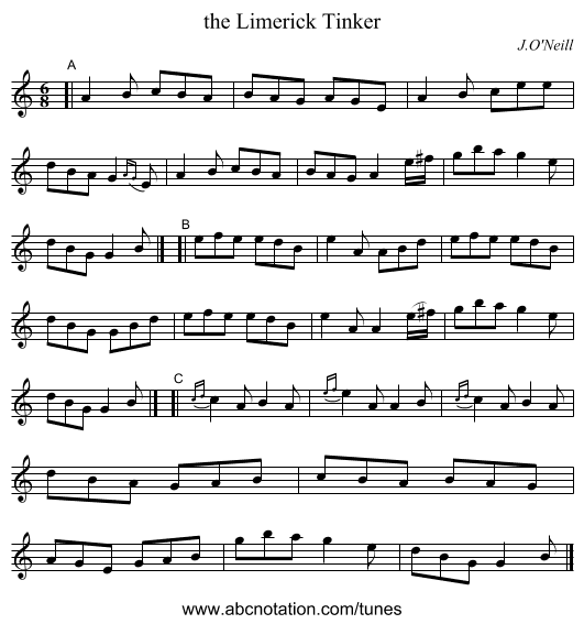 the Limerick Tinker - staff notation