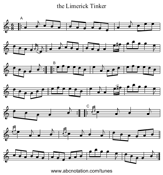 the Limerick Tinker - staff notation