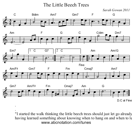 The Little Beech Trees - staff notation