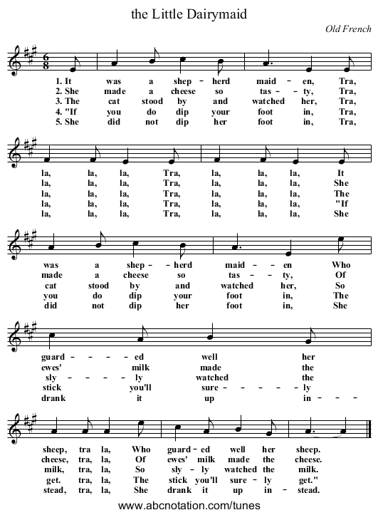 the Little Dairymaid - staff notation