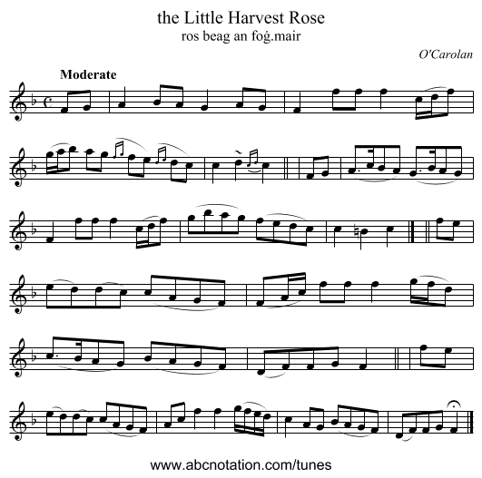 the Little Harvest Rose - staff notation