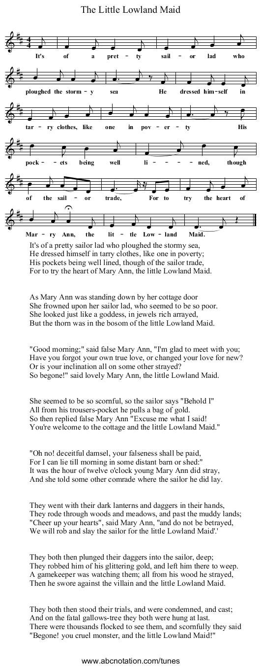 The Little Lowland Maid - staff notation