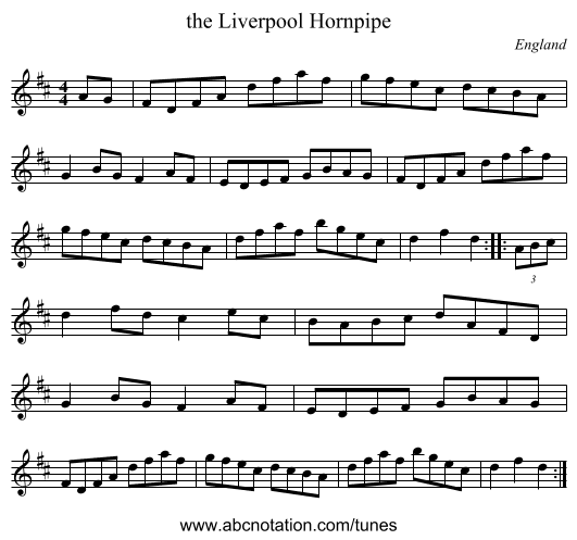 the Liverpool Hornpipe - staff notation