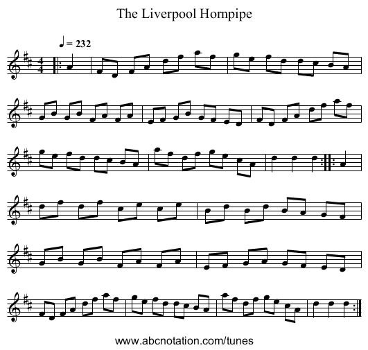 The Liverpool Hornpipe - staff notation