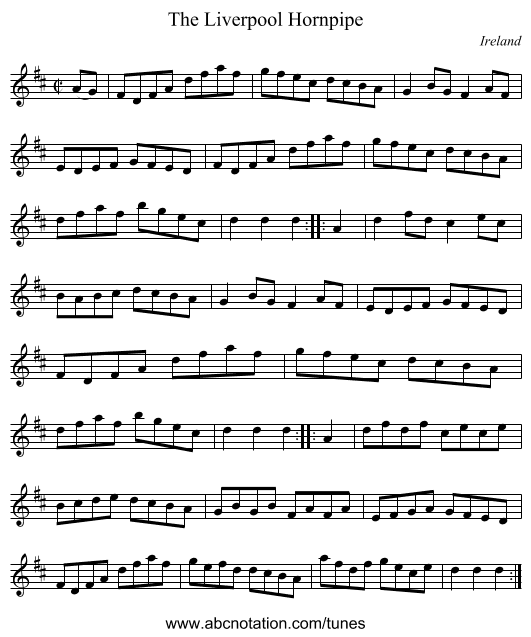 The Liverpool Hornpipe - staff notation