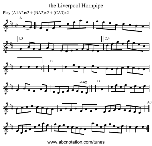 the Liverpool Hornpipe - staff notation
