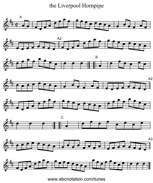 the Liverpool Hornpipe - staff notation