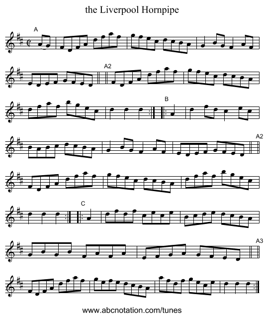 the Liverpool Hornpipe - staff notation