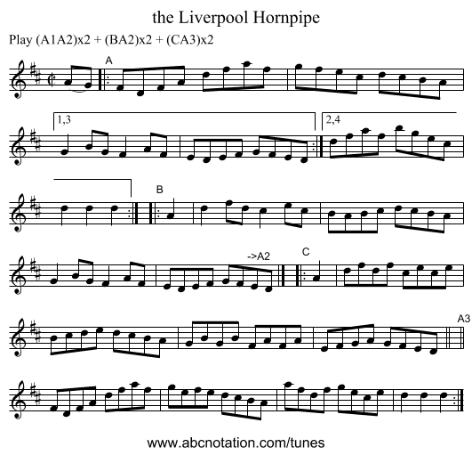 the Liverpool Hornpipe - staff notation