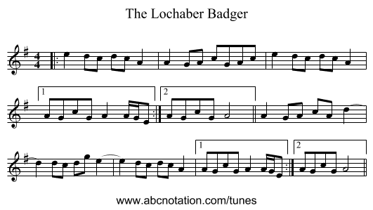 The Lochaber Badger - staff notation