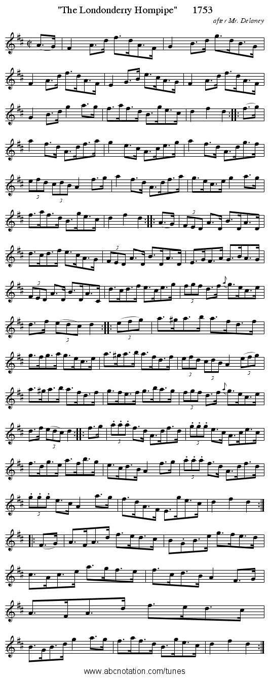 The Londonderry Hornpipe      1753 - staff notation