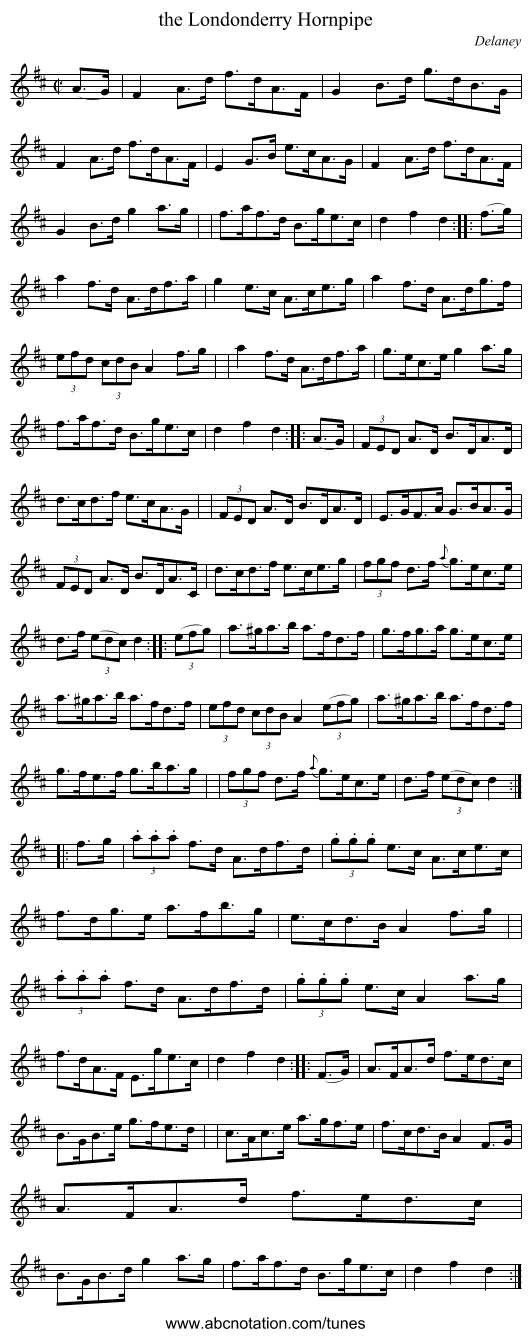 the Londonderry Hornpipe - staff notation