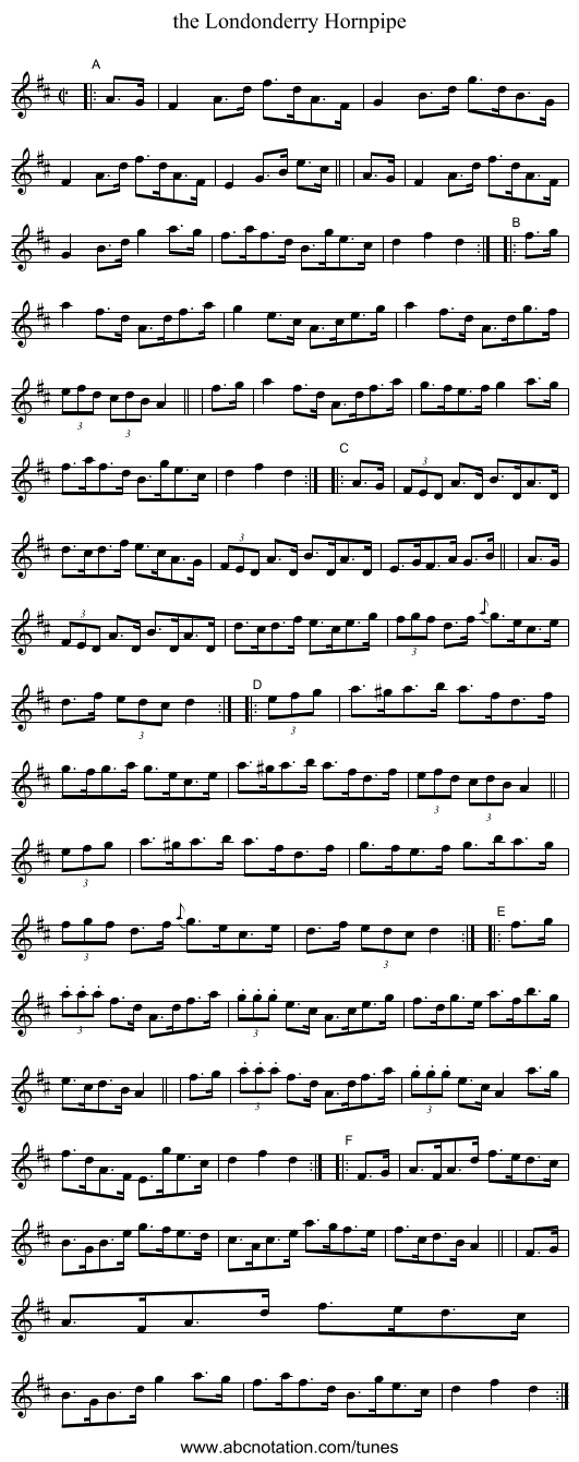 the Londonderry Hornpipe - staff notation