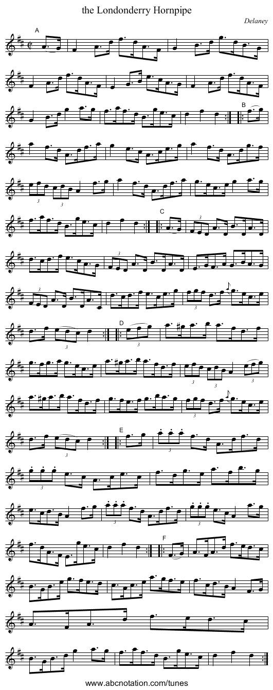 the Londonderry Hornpipe - staff notation