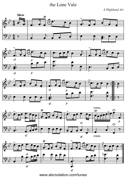 the Lone Vale - staff notation