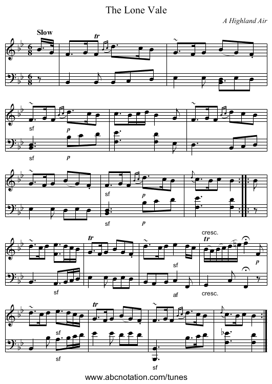 The Lone Vale - staff notation