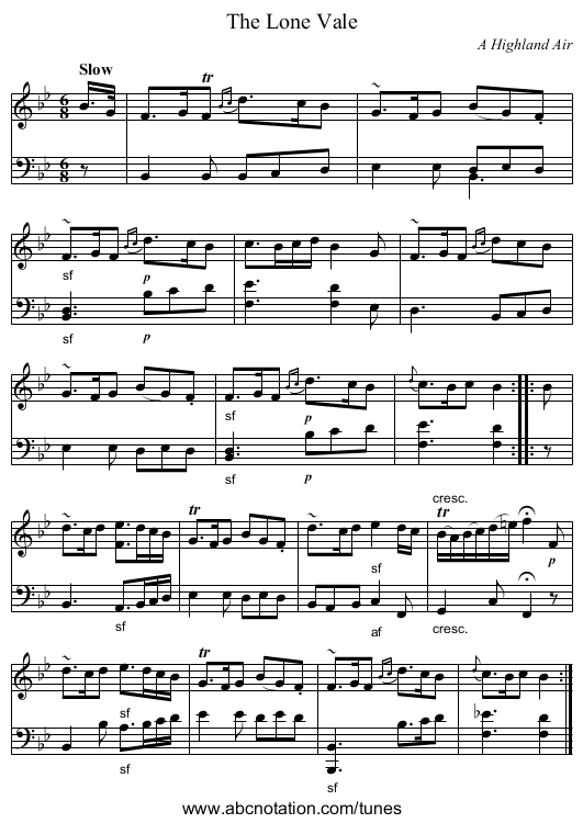 The Lone Vale - staff notation