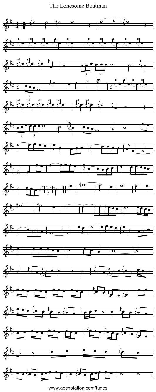 The Lonesome Boatman - staff notation