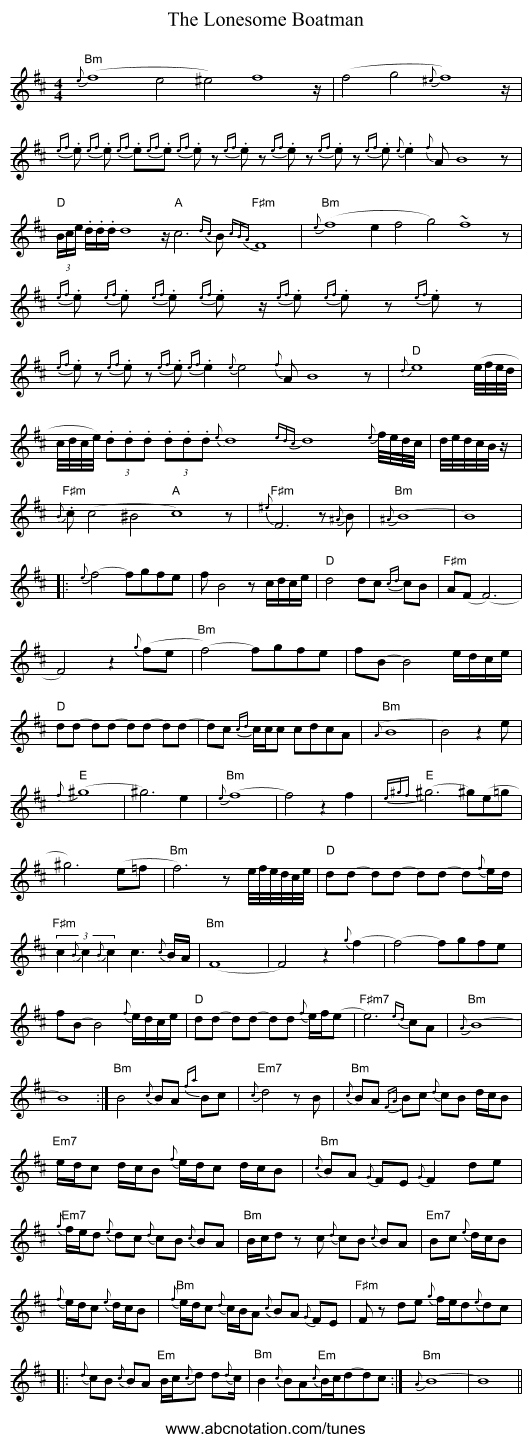 The Lonesome Boatman - staff notation