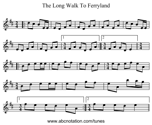 The Long Walk To Ferryland - staff notation