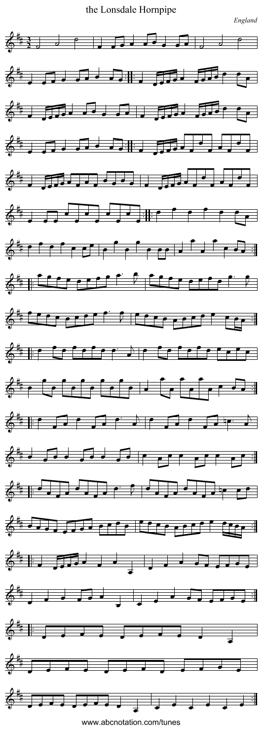 the Lonsdale Hornpipe - staff notation