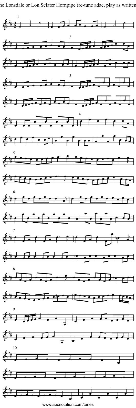 the Lonsdale or Lon Sclater Hornpipe (re-tune adae, play as written) - staff notation