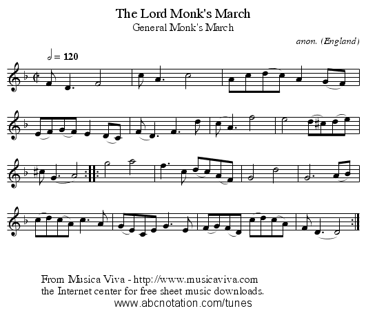 The Lord Monk's March - staff notation