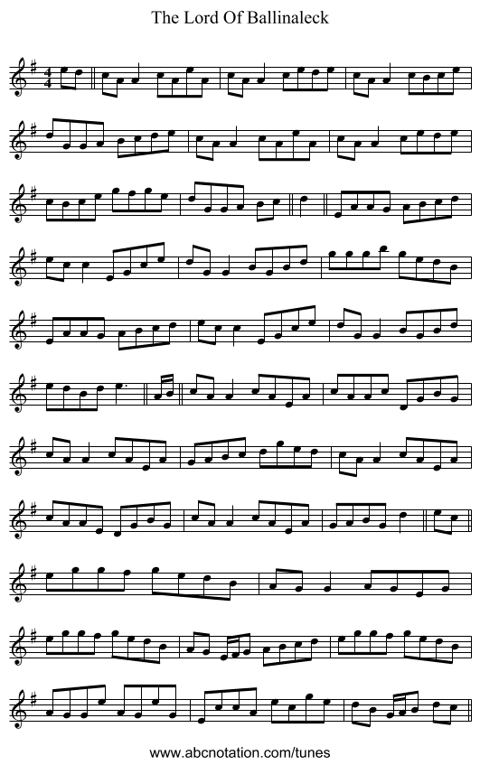 The Lord Of Ballinaleck - staff notation