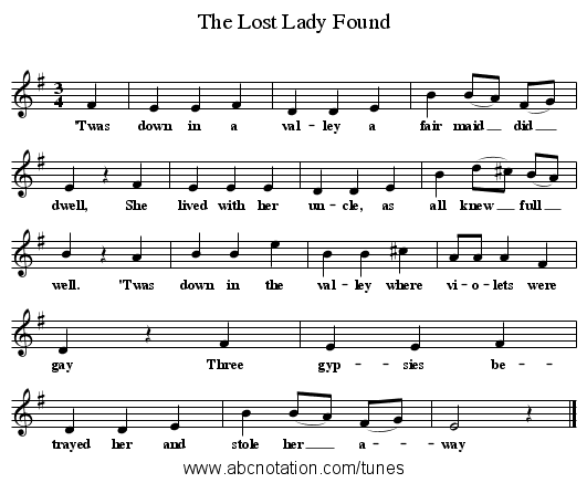 The Lost Lady Found - staff notation