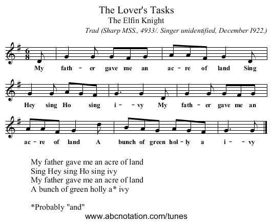 The Lover's Tasks - staff notation