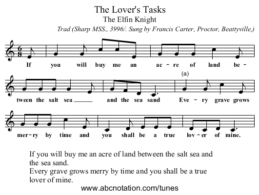 The Lover's Tasks - staff notation
