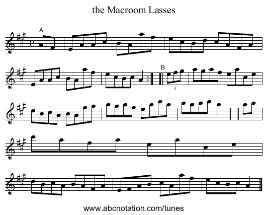 the Macroom Lasses - staff notation