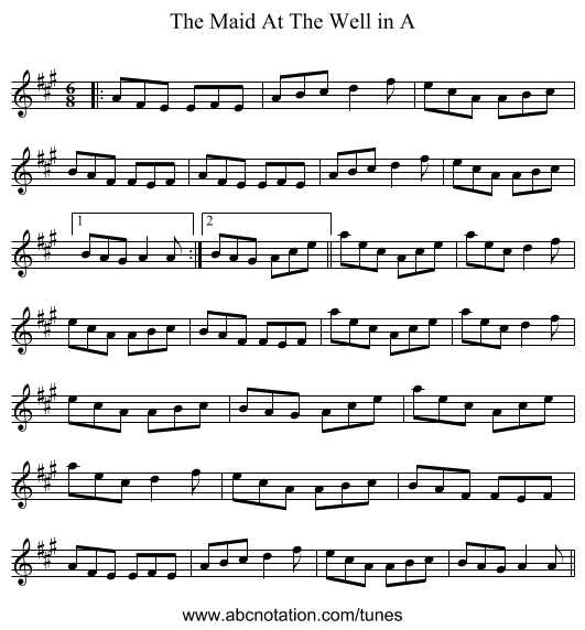 The Maid At The Well in A - staff notation