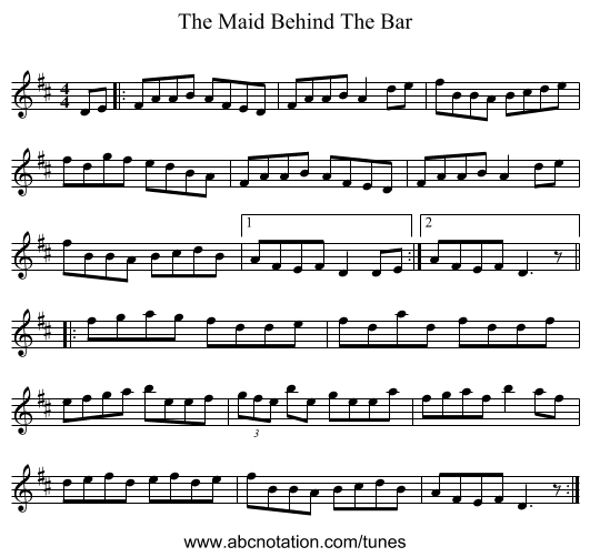 The Maid Behind The Bar - staff notation