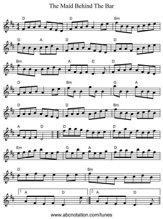 The Maid Behind The Bar - staff notation