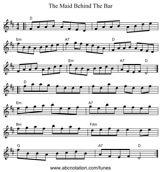 The Maid Behind The Bar - staff notation