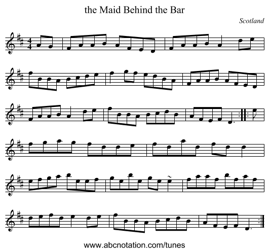 the Maid Behind the Bar - staff notation