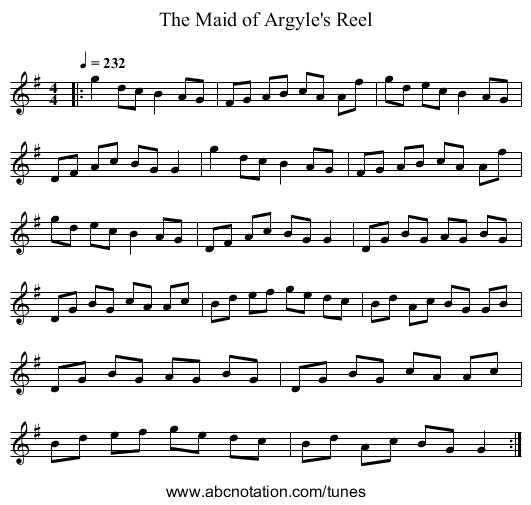 The Maid of Argyle's Reel - staff notation