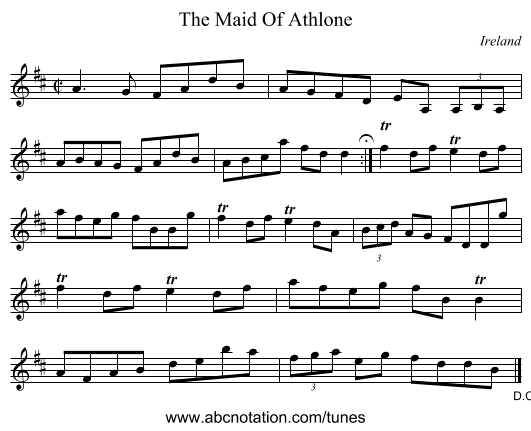 The Maid Of Athlone - staff notation