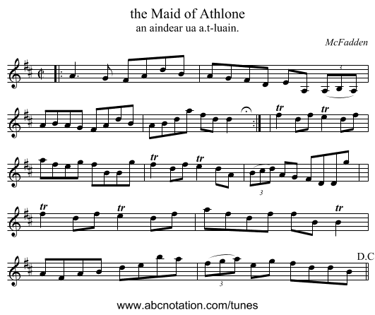 the Maid of Athlone - staff notation