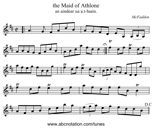 the Maid of Athlone - staff notation