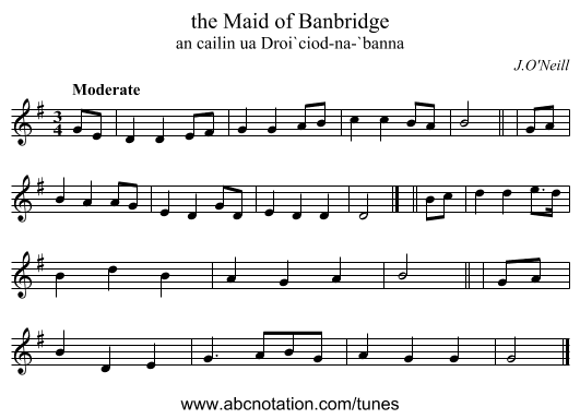 the Maid of Banbridge - staff notation