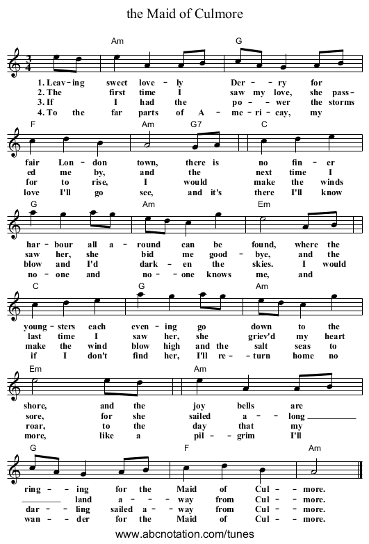 the Maid of Culmore - staff notation