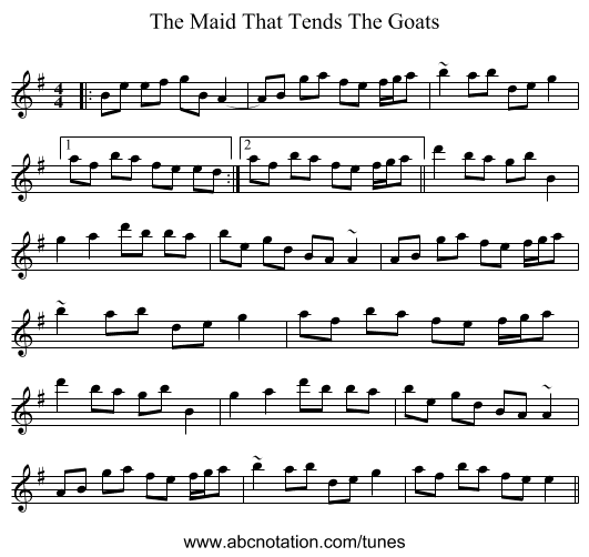 The Maid That Tends The Goats - staff notation
