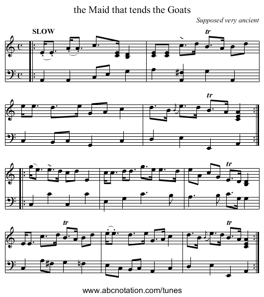 the Maid that tends the Goats - staff notation