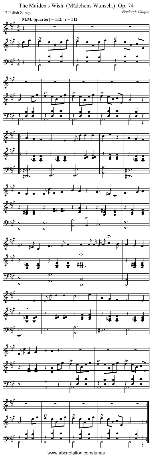 The Maiden's Wish. (Mädchens Wunsch.)	 Op. 74 - staff notation