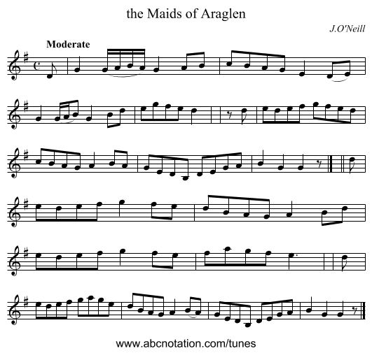 the Maids of Araglen - staff notation