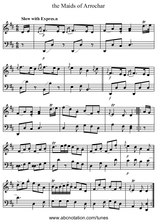 the Maids of Arrochar - staff notation